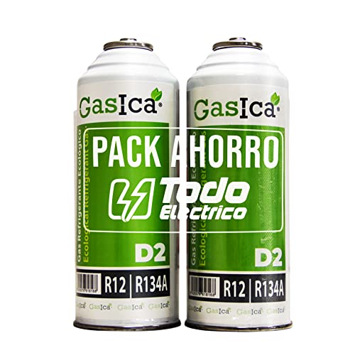 Desconocido Pack Ahorro GASICA D2 (2 Botellas de 255Gr por Pack) Gas Refrigerante Ecológico Orgánico Gasica D2 sustituto de R12, R134A más Manguera con Llave Recarga Gas