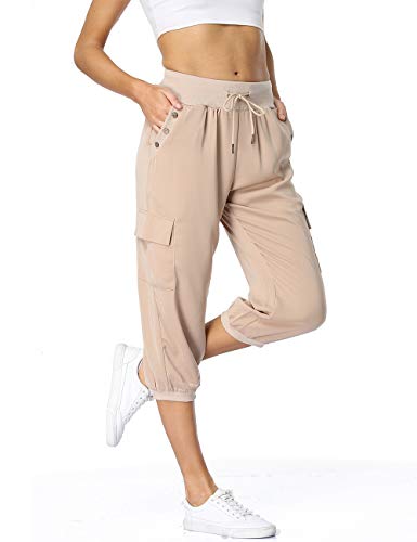 Dilgul Pantalones Mujer 3/4 Pantalones de Deporte Casual Recortados Elásticos Yoga Running Jogger Fitness Pantalones Chandal con Bolsillo Albaricoque Medium