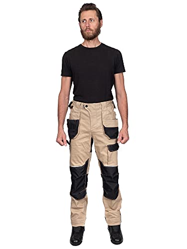 DINOZAVR Flex Pantalones de Trabajo elásticos Estilo Cargo para Hombre - Resistentes, con Bolsillos multifuncionales para Rodilleras y Franjas Reflectantes - Caqui - EU50