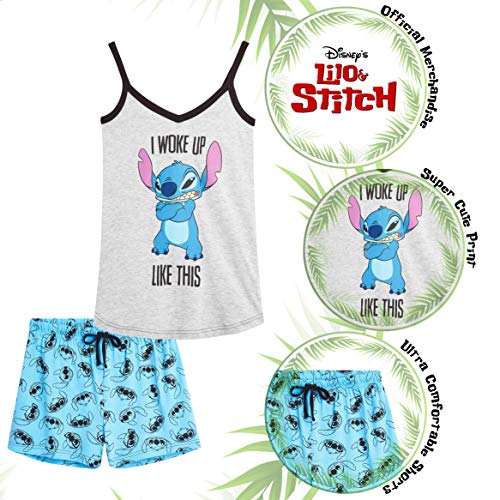 Disney Pijamas Mujer Verano, 2 Conjuntos de Dos Piezas Pantalones Cortos Mujer y Camiseta Tirantes con Personaje Stitch (Gris/Azul, M)