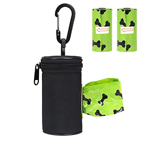 Dispensador de bolsas para desechos de perros con mosquetón, 2 rollos de bolsas para desechos de perros incluidas, dispensador de bolsas para desechos de perros con cremallera suave, impermeable