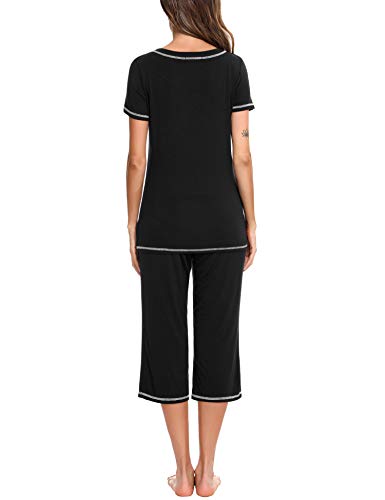 Doaraha Pijamas Capri para Mujer Algodón Suave Ropa de Dormir Manga Corta Pantalones Capri Verano Corto Conjunto de Pijama 2 Piezas (Negro, M)