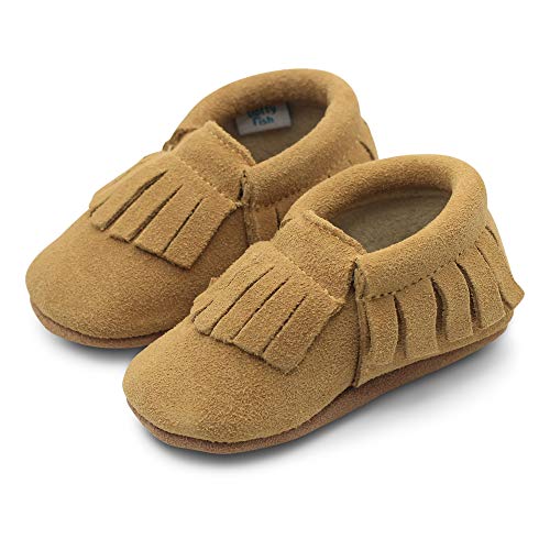Dotty Fish Soft Leather Baby Shoes with Unisex Animal Designs, Mocasn niños, Mocasines Tan, 23 EU