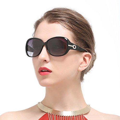 Duco Mujer Gafas de sol Classic Fashionable Ladies con lentes polarizadas de gran tamaño 100% protección UV 6214 (Negro brillante)