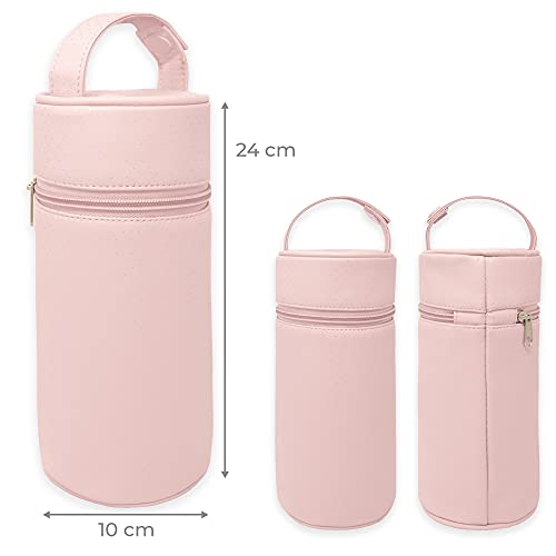 Duffi Baby Termo Porta Biberon Polipiel Bebe. Bolsa Termica Portabiberon Caliente Y Frio. Funda Isotermica Cremallera Y Asa. Limpieza Facil. Circulos, Rosa, Grande