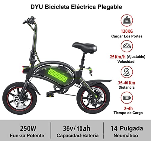 DYU Bicicleta Eléctrica Plegable,14 Pulgadas Portátil Bicicleta Eléctrica,Inteligente E-Bike con Asistencia de Pedal, 3 Modos de Conducción,Altura Ajustable,Portátil Compacta,Unisex Adulto (Negro)