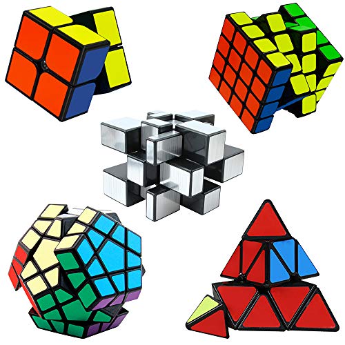EASEHOME Speed Magic Puzzle Cube Megaminx + Pyraminx + Espejo + 2x2x2 + 4x4x4 in Giftbox, 5 Pack Rompecabezas Cubo Mágico PVC Pegatina para Niños y Adultos, Negro