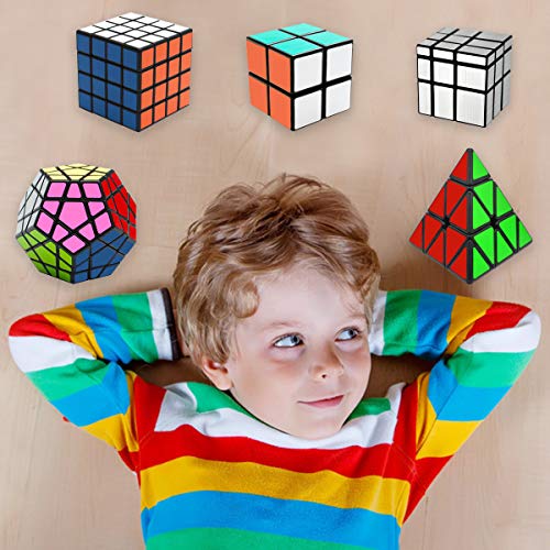 EASEHOME Speed Magic Puzzle Cube Megaminx + Pyraminx + Espejo + 2x2x2 + 4x4x4 in Giftbox, 5 Pack Rompecabezas Cubo Mágico PVC Pegatina para Niños y Adultos, Negro