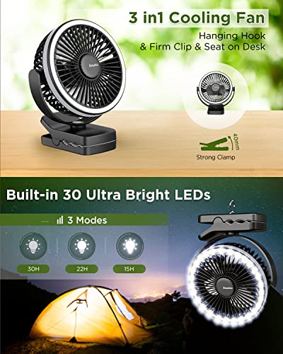 EasyAcc Ventilador de camping con 4 velocidades, luces LED, gancho duradero de 6-20H, rotación de 360 ° para exteriores, camping, cochecitos y hogar, Negro