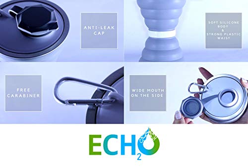 ECH2O Botella de agua plegable-Botella de agua cómoda, flexible, retráctil y reutilizable-Silicona de grado alimenticio sin BPA/Bisfenol A-Viajes/Deporte/Camping y senderismo (Gris)