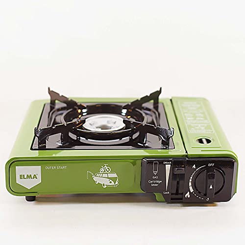 ELMA- Promoción Pack camping gas DUAL verde + 2 cartuchos de gas. Cocina a gas portátil DUAL OUTER START(opción cartuchos y bombona), 2 cartuchos de gas compatibles con el hornillo.