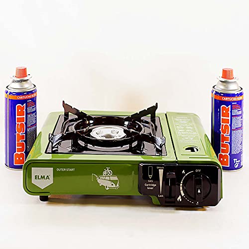 ELMA- Promoción Pack camping gas DUAL verde + 2 cartuchos de gas. Cocina a gas portátil DUAL OUTER START(opción cartuchos y bombona), 2 cartuchos de gas compatibles con el hornillo.