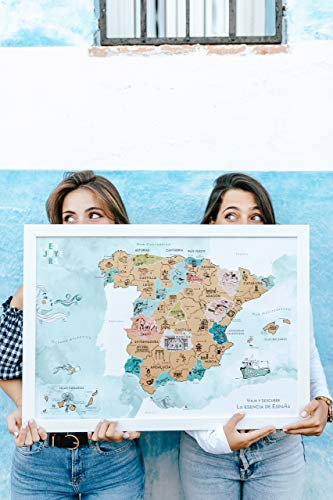 ENJOYERS Mapa España para Rascar - Mapa Rascable Esencia de España Ilustrado a Mano - 65x45cm - Pack Lámina + Marco (Blanco)