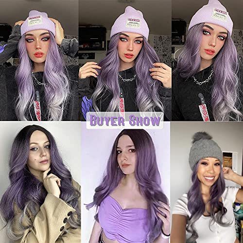 Esmee 24 pulgadas Ombre púrpura a gris pelucas para las mujeres de fibra sintética resistente al calor natural de onda larga pelucas para el uso diario de fiesta Cosplay