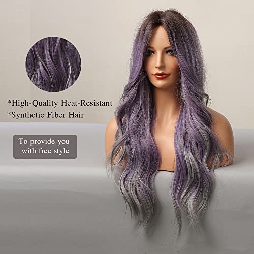 Esmee 24 pulgadas Ombre púrpura a gris pelucas para las mujeres de fibra sintética resistente al calor natural de onda larga pelucas para el uso diario de fiesta Cosplay