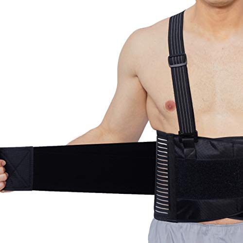 Faja para la espalda con tirantes, apoyo lumbar, cinturón de culturismo / halterofilia - Marca Neotech Care (Negro carbón, Talla L)