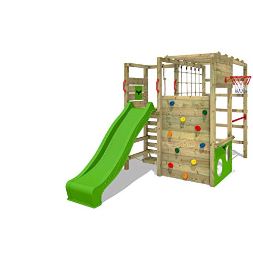 FATMOOSE Parque infantil de madera ActionArena con tobogán manzana verde, Área de juegos da exterior, pared de escalada Sueco con pared de escalada para niños