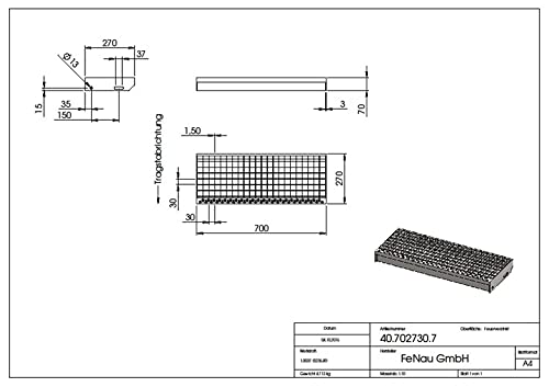 Fenau | Escalón de rejilla (R11) XSL - Dimensiones: 700 x 270 mm - MW: 30 mm / 30 mm - galvanizado en caliente, Escalón de acero según norma DIN, Antideslizante