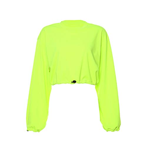 FENICAL Moda Cuello Redondo con Capucha Suéter Suelto Vellones Simples Otoño Camiseta para Mujer Niña Dama (Fluorescencia Verde Talla S)