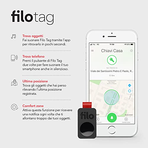 FiloTag 2022 Buscador de Llaves - Localizador de Llaves, Cartera, teléfono, Equipaje. Alarma Anti-pérdida. Batería Reemplazable. App en español Compatible con iOS y Android. 1 Piezo Color Negro