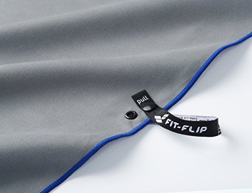 Fit-Flip Toalla Microfibra  en Todos los tamaños / 18 Colores  compacta, Ultraligera y de Secado rápido  Toalla Gym, Toalla Viaje y Toalla Piscina (70x140cm Gris - Borde Azul Oscuro)
