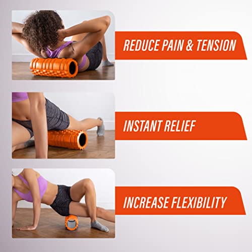 Foam Roller - Rodillo de espuma para masaje muscular (Libro de ejercicios incluido) diseño de rejilla para accionar la terapia de puntos para el dolor de espalda y los músculos de las piernas - 33 x 14 cm