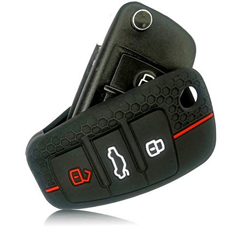 FoilsAndMore Funda Compatible con Audi Llave de Coche con 3 Botones Plegable - Silicona Cubierta Protectora Cover Caso Clave in Negro Rojo
