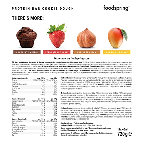 foodspring Barritas de Proteína, Sabor Cookie Dough (galleta), Pack de 12 x 60g, Lleno de sabor y energía, bajo en azúcar y alto en proteína