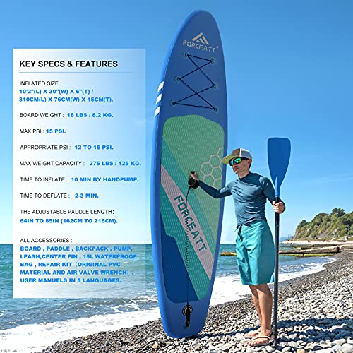Forceatt Tabla de Paddle Surf Hinchable Sup Inflatable, Stand up Paddle Board de 310×76×15cm para Todos Los Niveles de Habilidad, Bomba de Mano, Cubierta Antideslizante, Bolsa Impermeable, y así