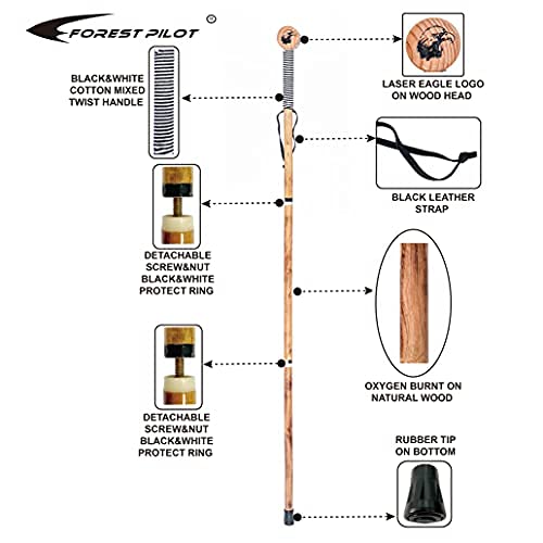 FOREST PILOT 3-PC Detachable Hardwood Walking Stick 48 Inch - Nature Wood Color and Transparent Painting Cover - Rubber Tip Cover (White&Black Cotton Rope Wrapped Grip)
