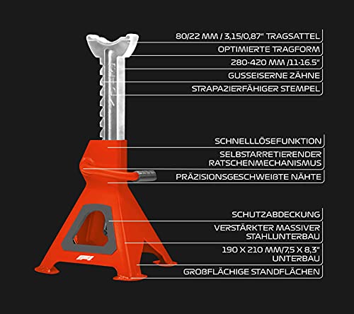 Formula 1 Caballete de Caballete de 3 toneladas, Altura Regulable de 280 mm a 420 mm, con Mecanismo de trinquete y Perno de Seguridad.