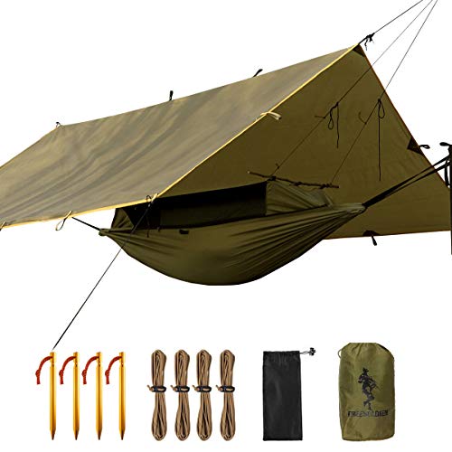 FREE SOLDIER Camping Tactical Hammock Tarp Kit-2 persona Ligero impermeable portátil Swing Sleeping Hammock con Mosquito Net Rain fly lonas de la carpa Set Bujes colgantes para excursionismo Mochilero