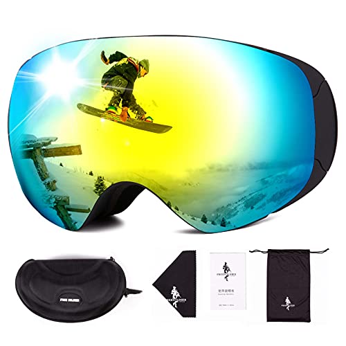 FREE SOLDIER Gafas Esqui para Hombres y Mujeres Gafas Snowboard Antivaho OTG con Lentes Extraíbles Gafas de Esqui sin Marco Magnéticas de Invierno con Protección 100% UV400(Dorado-8%VLT)