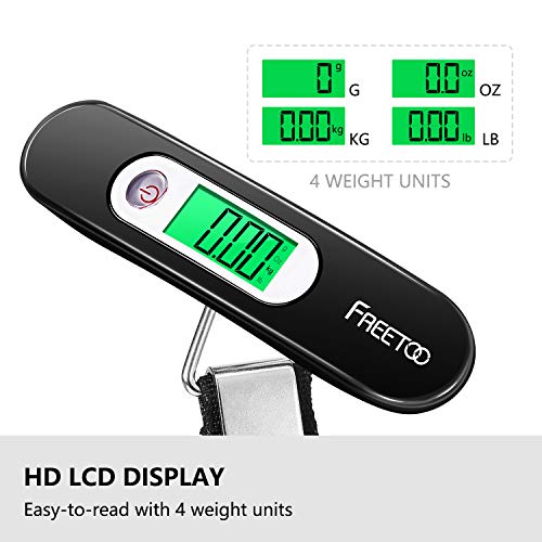 FREETOO Digital Balanza Báscula de Equipaje - LCD Portátil Escala de Equipaje 110 lb/50 kg Capacidad Batería Incluida para Viajes Al Aire Libre (Negro)
