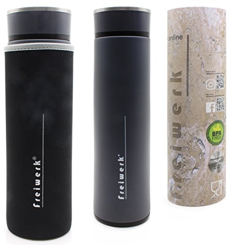 freiwerk® tea thermo bottle maker colador infusor vidrio doble pared cubierta de neopreno libre de BPA gris 360ml