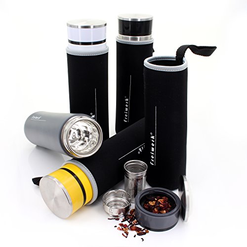 freiwerk® tea thermo bottle maker colador infusor vidrio doble pared cubierta de neopreno libre de BPA gris 360ml