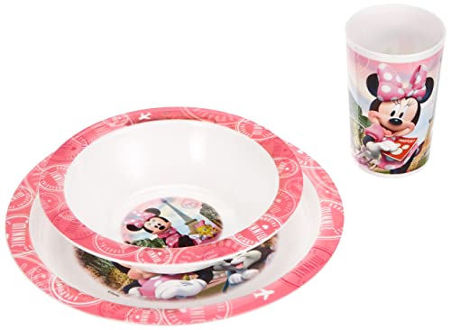 Fun House 005471 - Vajilla, de Minnie de Disney, con 1 plato, 1 cuenco y 1 vaso, para niños, de polipropileno, 26,5 x 8,5 x 24,5 cm, rosa