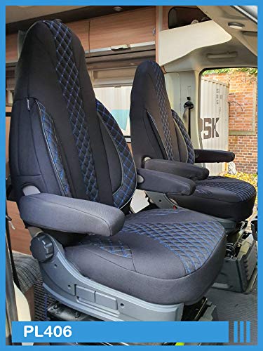 Fundas de Asiento compatibles con Autocaravana, Conductor y copiloto, FB:PL406 (Negro/Costuras Azules).