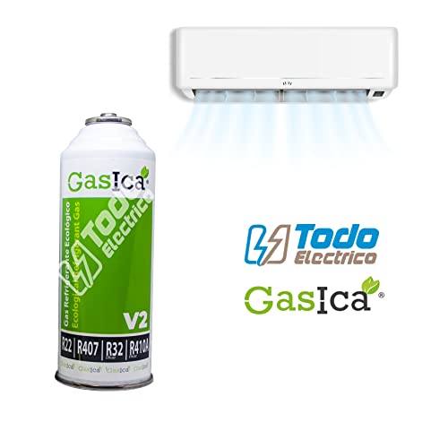 Gasica V2 bombona gas refrigerante orgánico ecológico sustituto R22, R32, R407, R290 R410A más llave de servicio para envases GASICA V2 y D2 1/2 roscar Derecha 1/4