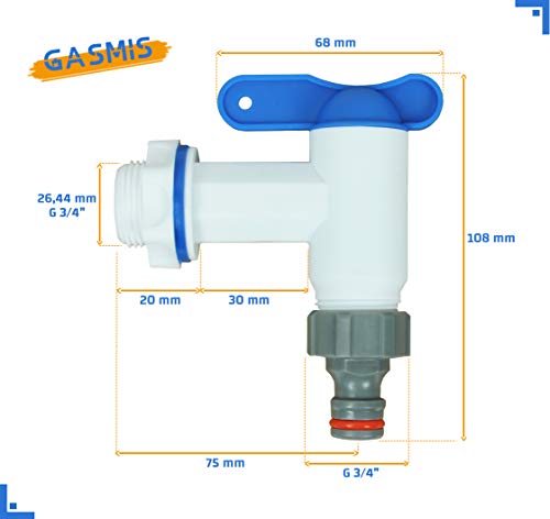 GASMIS - Grifo para barril de lluvia, plástico de repuesto, grifo para depósito de agua de lluvia, barril de lluvia, con junta, contratuerca y conexión de grifo, 26,44 mm, color blanco