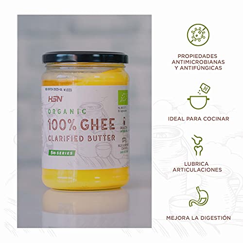Ghee Orgánico de HSN | 100% Mantequilla Clarificada BIO de Vaca | Con Certificado Ecológico de la Unión Europea | Procedente de vacas alimentadas con pasto | No GMO | Sin Sal ni Lactosa | 200 gr