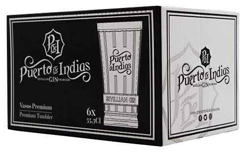 Gin Puerto de Indias - Pack 6 Vasos de Cristal - Caja 6 Vasos de Cristal con relieve especiales para cócteles - 6 Unidades