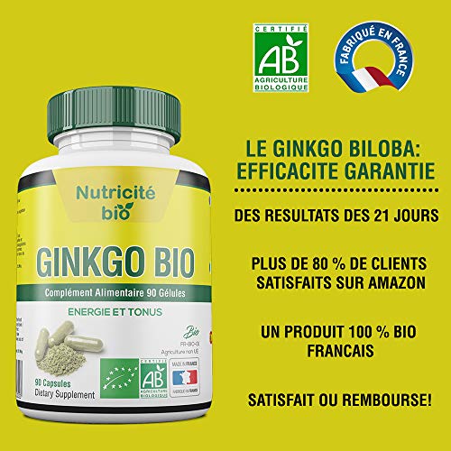 Ginkgo biloba Bio 90 cápsulas de Nutricite-Bio- 180 MG - Actúa sobre la microcirculación-Aporta energía y Tono muscular-Ginkgo 100% natural para una mayor vivacidad intelectual y física