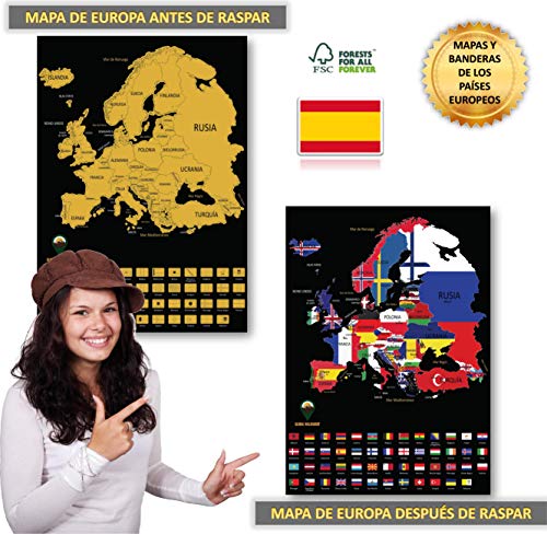 Global Walkabout ESPAÑOL - Mapa de scratch de países europeos con fondo de banderas - Regalo De Viaje -(negro)