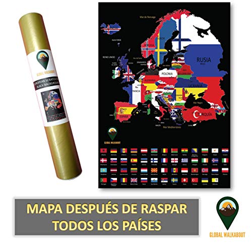 Global Walkabout ESPAÑOL - Mapa de scratch de países europeos con fondo de banderas - Regalo De Viaje -(negro)