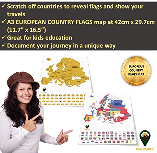 Global Walkabout Mapa de Europa con banderas de fondo – Póster de mapa europeo tamaño viaje de lujo – Países y hechos – Regalo de viaje (blanco)