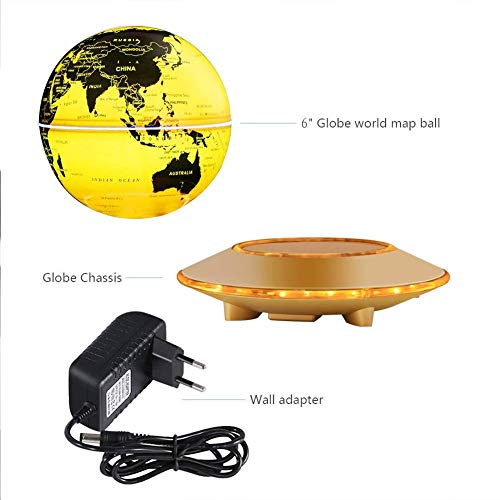 Globo magnético de la levitación, bola flotante de 6 '' que gira la bola antigravedad LED iluminó la tierra del mapa del mundo para la decoración del hogar de la oficina de escritorio (6' 'oro)
