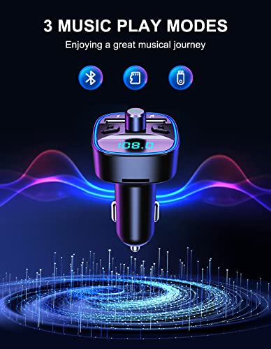 Goigrn Transmisor Bluetooth Coche, [Luz de Anillo Azul] Manos Libres Coche, Adaptador Bluetooth Coche con Doble USB Reproductor MP3 Mechero Coche, Adaptador Radio Soporte Tarjeta SD y U Disk
