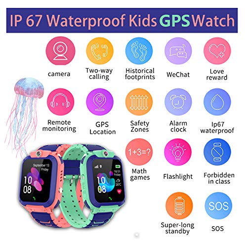 GPS Reloj Smartwatch para niños, impermeable GPS Rastreador Reloj anti-perdida de teléfonos inteligentes SOS, llamada bidireccional juegos matemáticas - regalo para para Niños Niña 3-12 Años,Mint blue