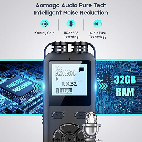 Grabadora de Voz Digital AOMAGO 32GB para conferencias-Grabador de Audio A36 con micrófono Externo Compatible con reproducción y grabación de Entrada de línea Dictáfono de grabación de 1536 Kbps